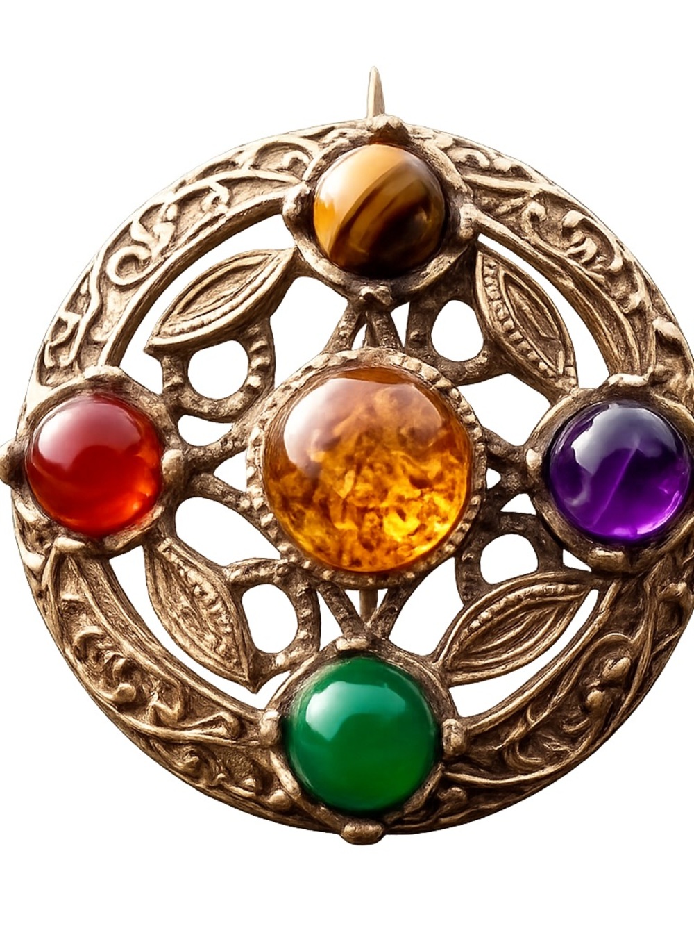 Vintage Hollywood Glass Agate Scottish Targe Shield Gold Brooch 2”